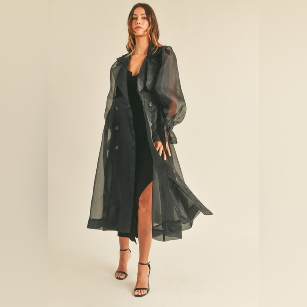 350. MABLE Organza Puff Sleeve Sheer Trench Coat - Picture 5 of 6